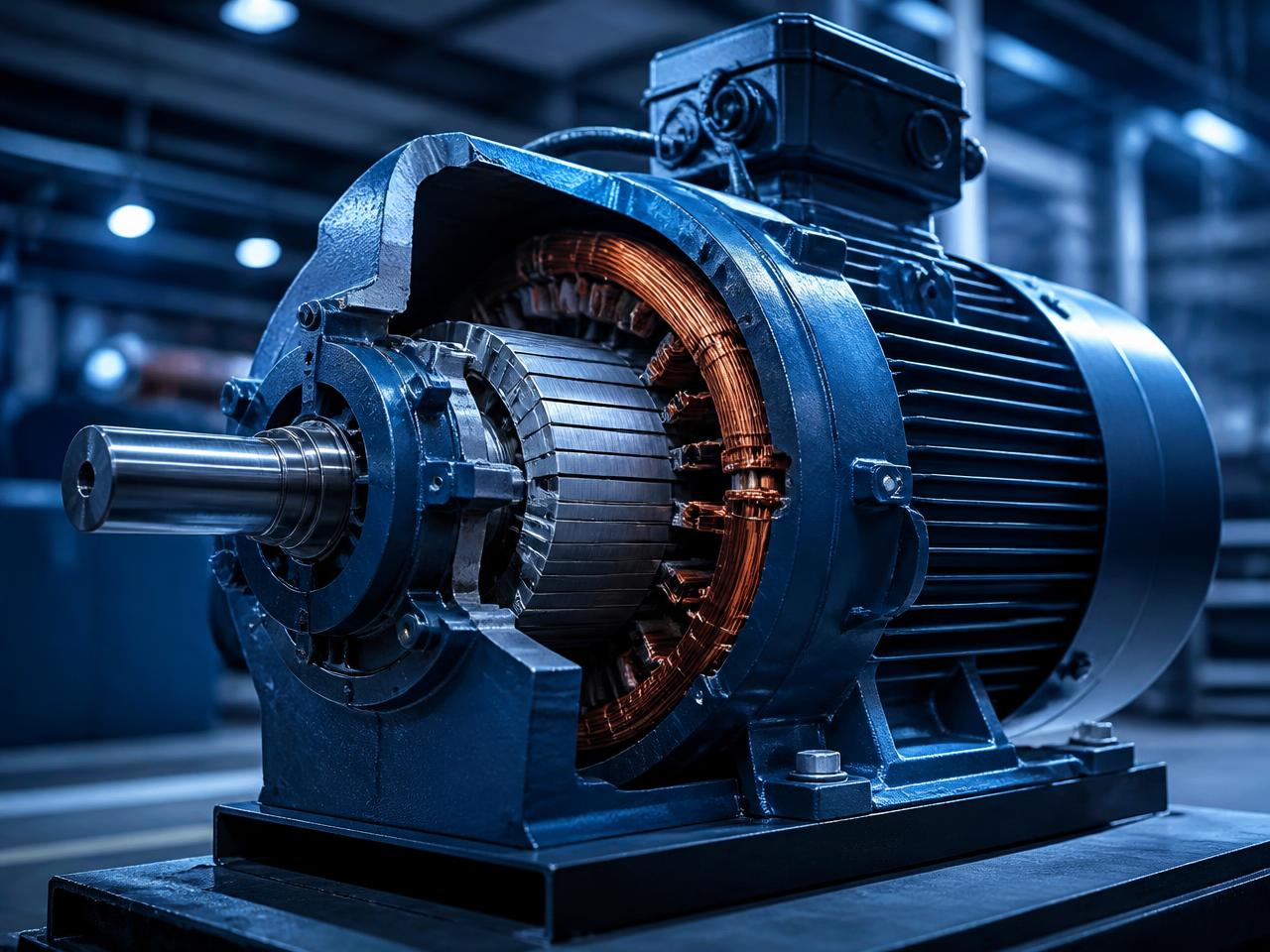 Large industrial electric motor with partially exposed rotor and stator windings