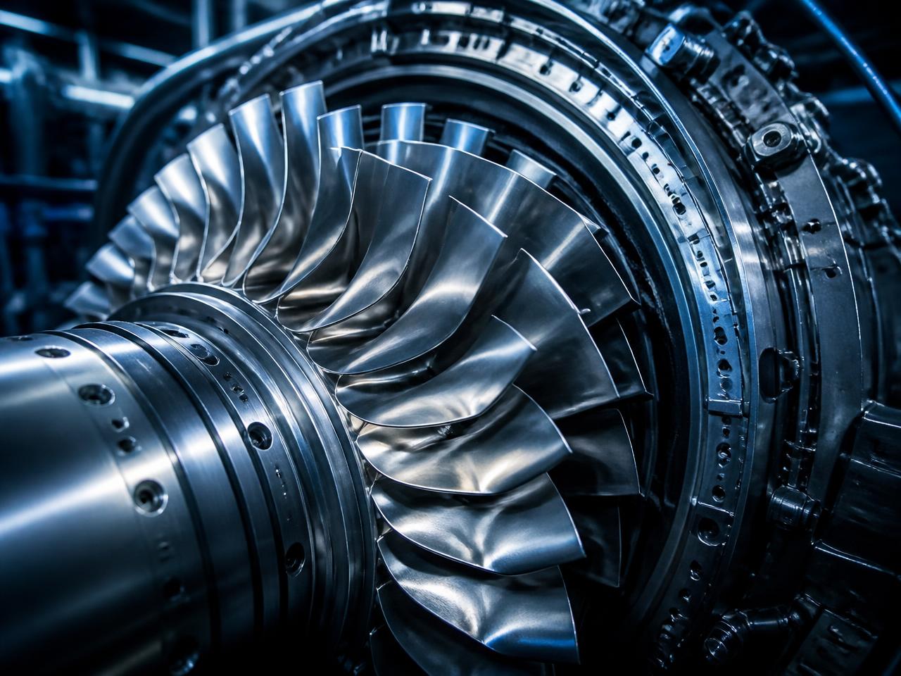 Close-up of gas turbine compressor blades inside a power plant casing