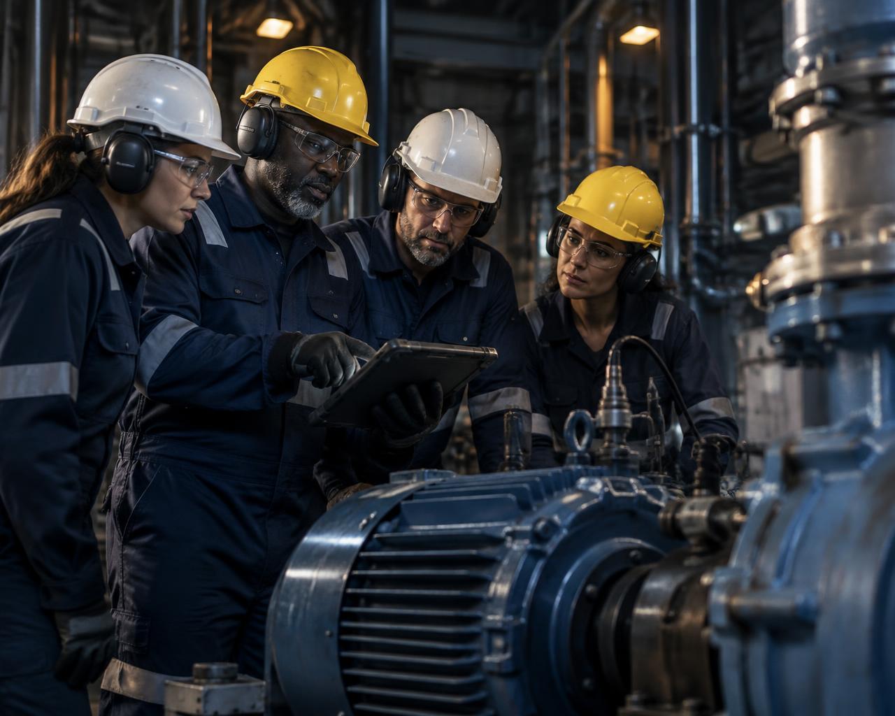Reliability engineers assessing rotating machinery on an industrial site