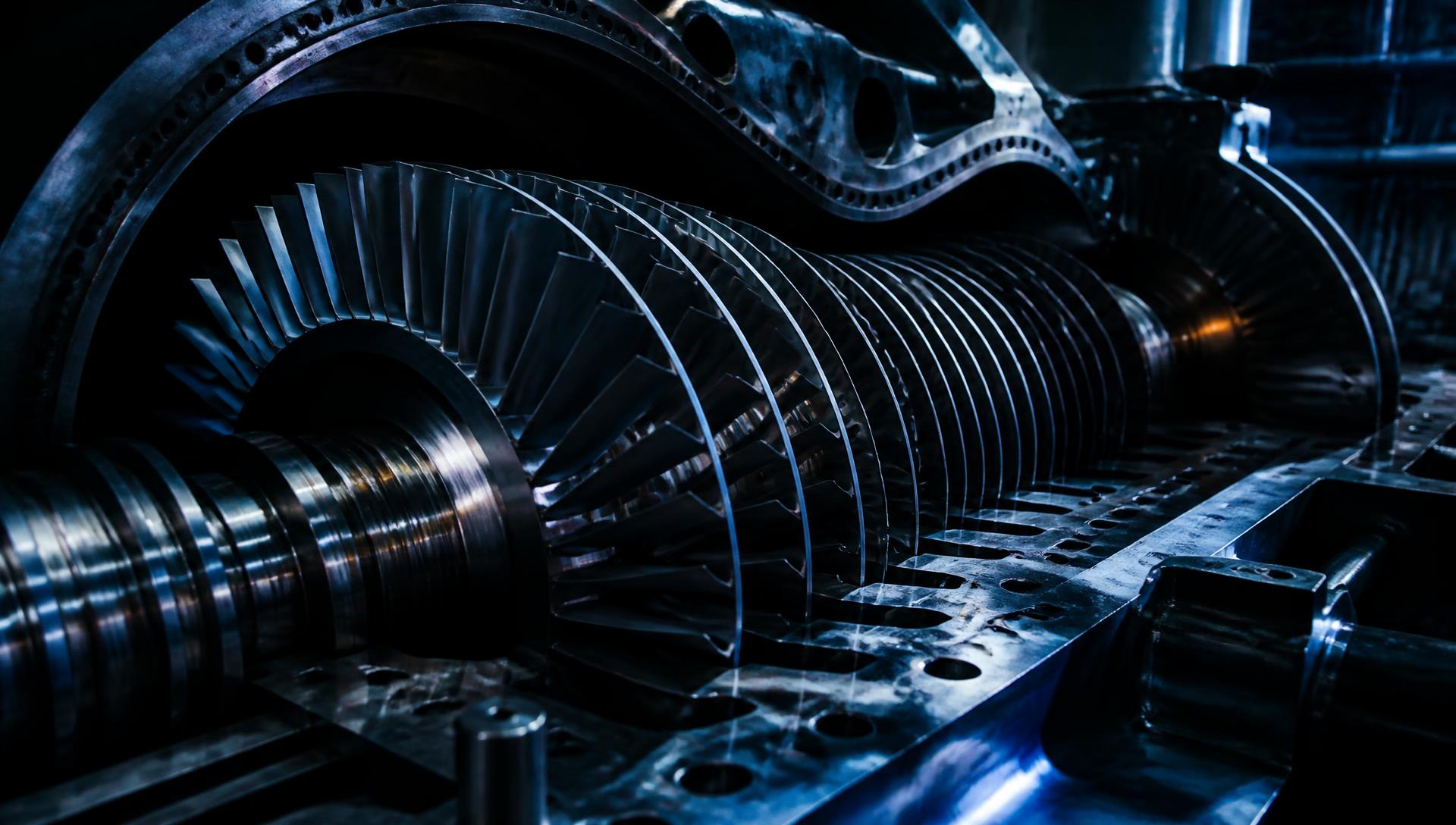 Steam turbine rotor with rows of curved blades inside an open turbine casing